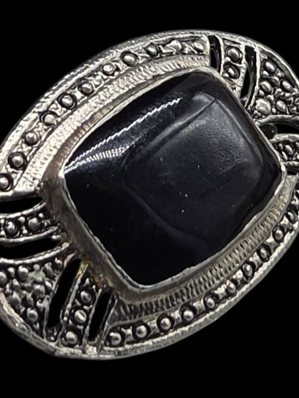 Vintage 925 Sterling Silver Black Onyx Marcasite Oval Brooch Pin Art Deco Style